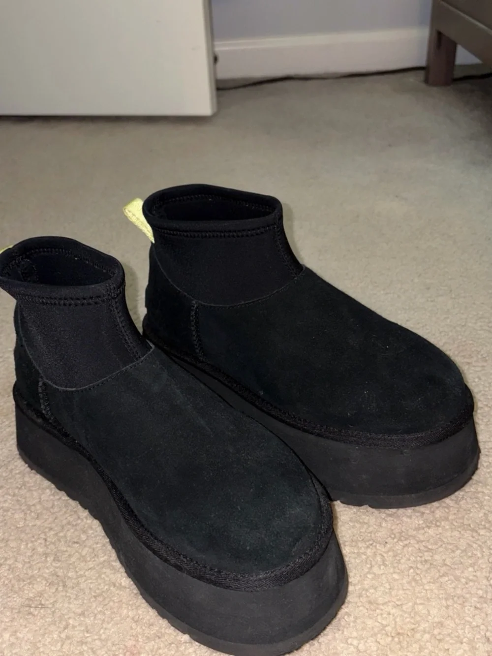UGG Black Platform Ankle Boots with Yellow Pull Tab